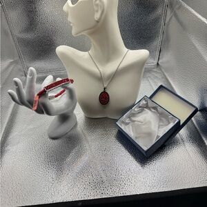 Druzy glittery red crystals pendant & matching heart bracelet gift Love